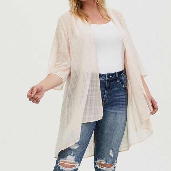 Torrid Light Pink Plaid Sheer Chiffon Kimono/Cover Up/Cardigan Plus Sz 1 - Picture 1 of 12